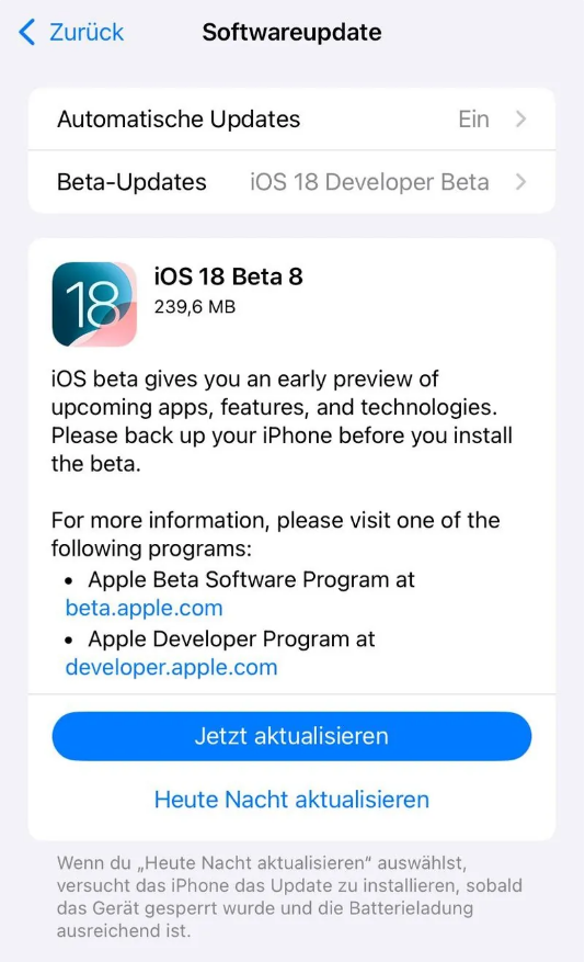 漳县苹果手机维修分享苹果 iOS / iPadOS 18 开发者预览版 Beta 8 发布 